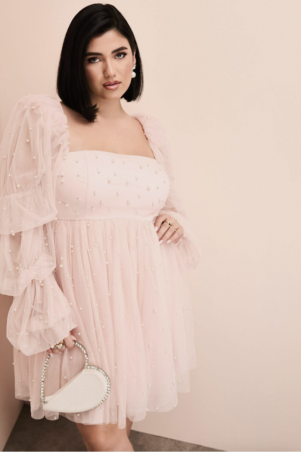 ASOS LUXE Curve tulle baby doll dress with pearl embellishment in pink