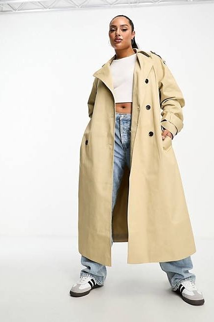 Curve longline trench coat in stone