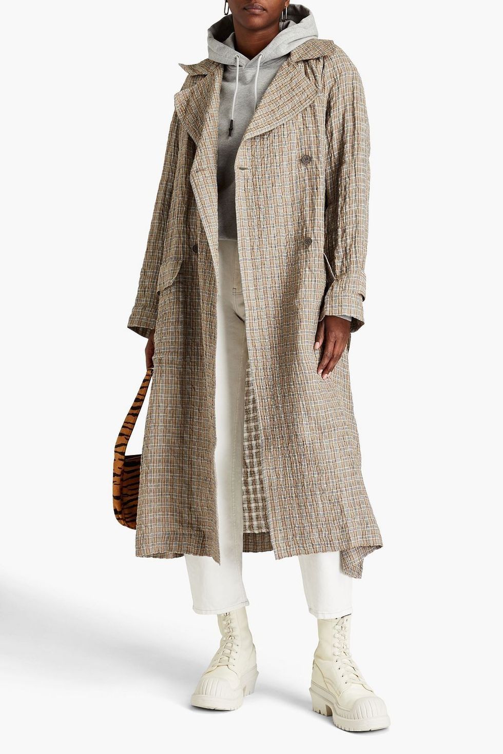 Gingham crinkled linen and cotton-blend gauze trench coat