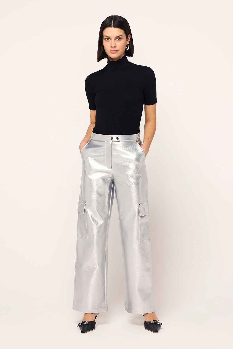 Denise silver vinyl cargo trousers