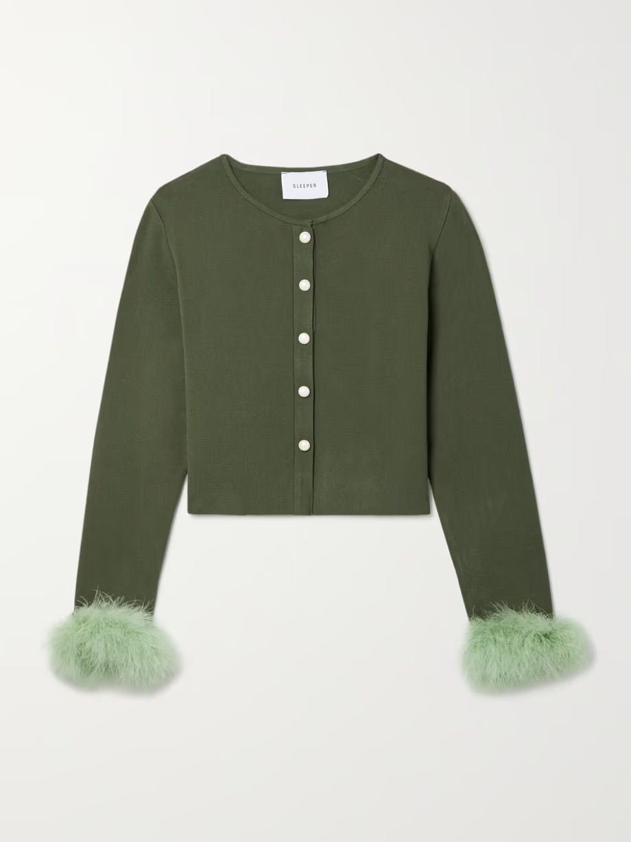 Sleeper Cropped Feather-trimmed Knitted Cardigan