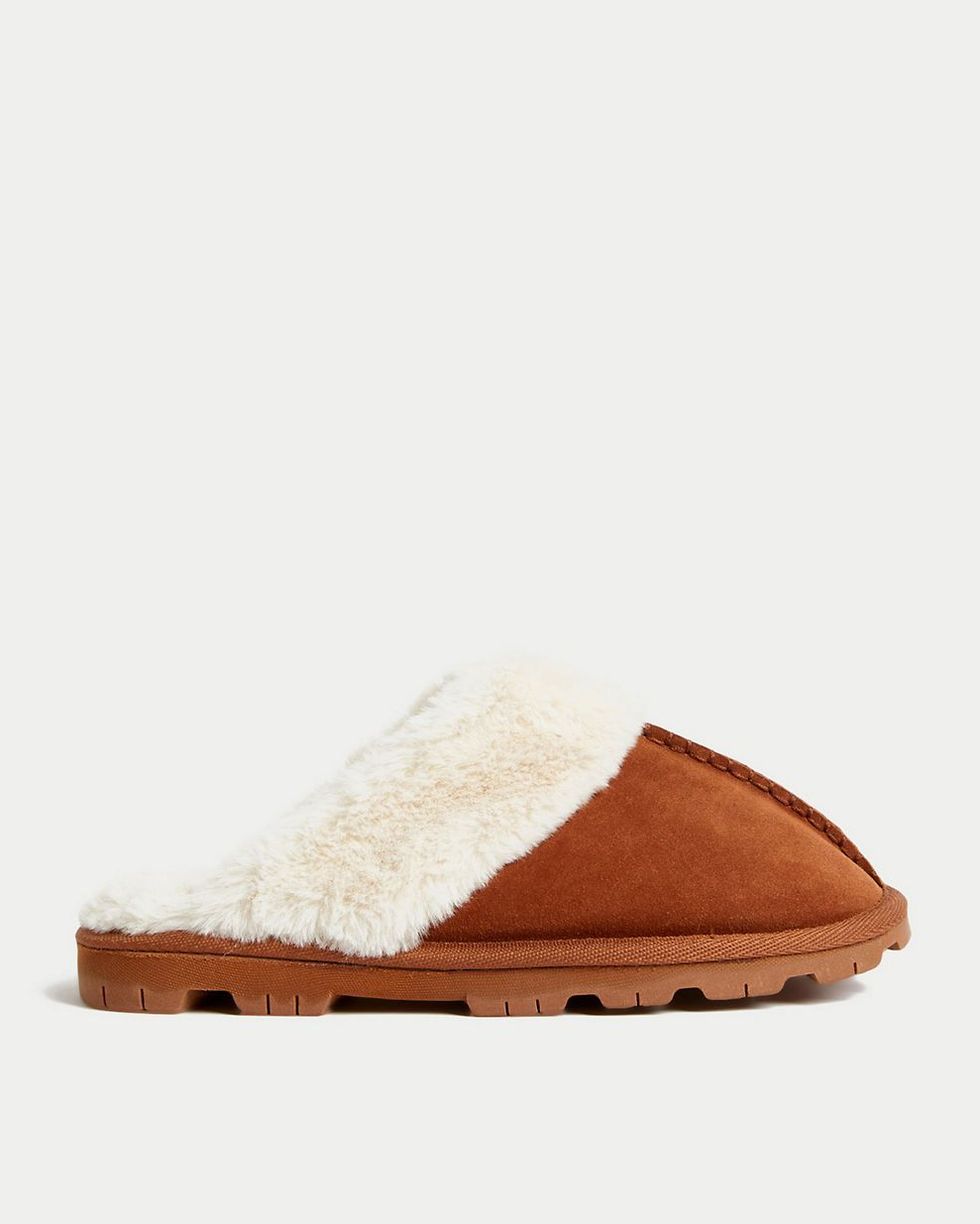 Suede faux fur lined mule slippers