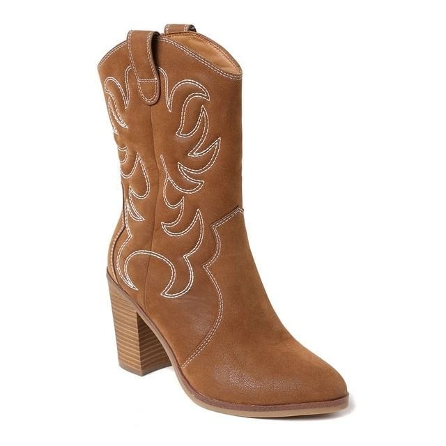 The Pioneer Woman Mid-Calf Embroidered Western Boots in Cognac