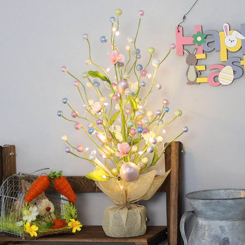 Easter Decoration for Tabletop,Lighted Easter Tree with LED Lights,48cm Artificial Easter Egg Tree Ornament for Easter Indoor Bedroom Home Holiday Party Spring Decor (Colourful 1)