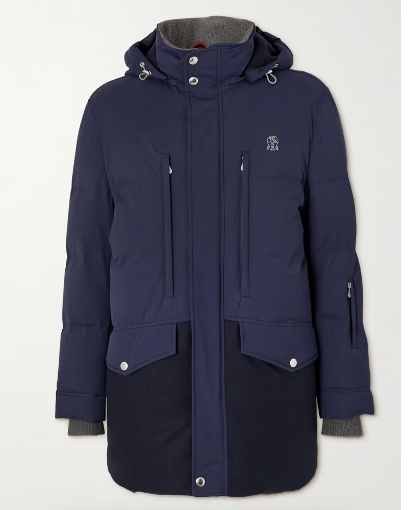 Panelled Quilted Wool-Blend and Shell Hooded Down Jacket