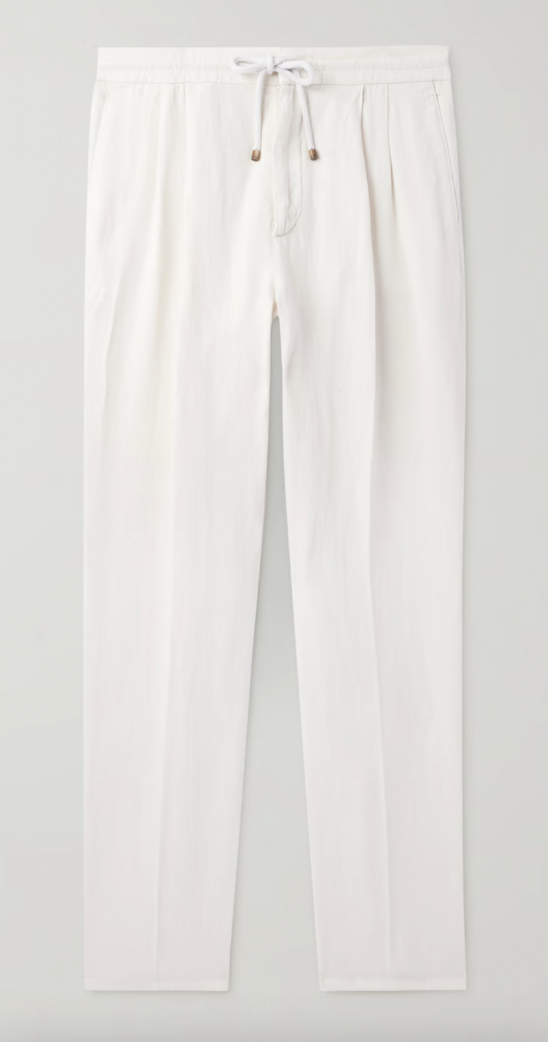 Straight-Leg Pleated Linen-Twill Drawstring Trousers