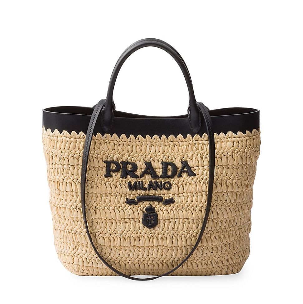Small Woven Fabric and Leather Tote Bag