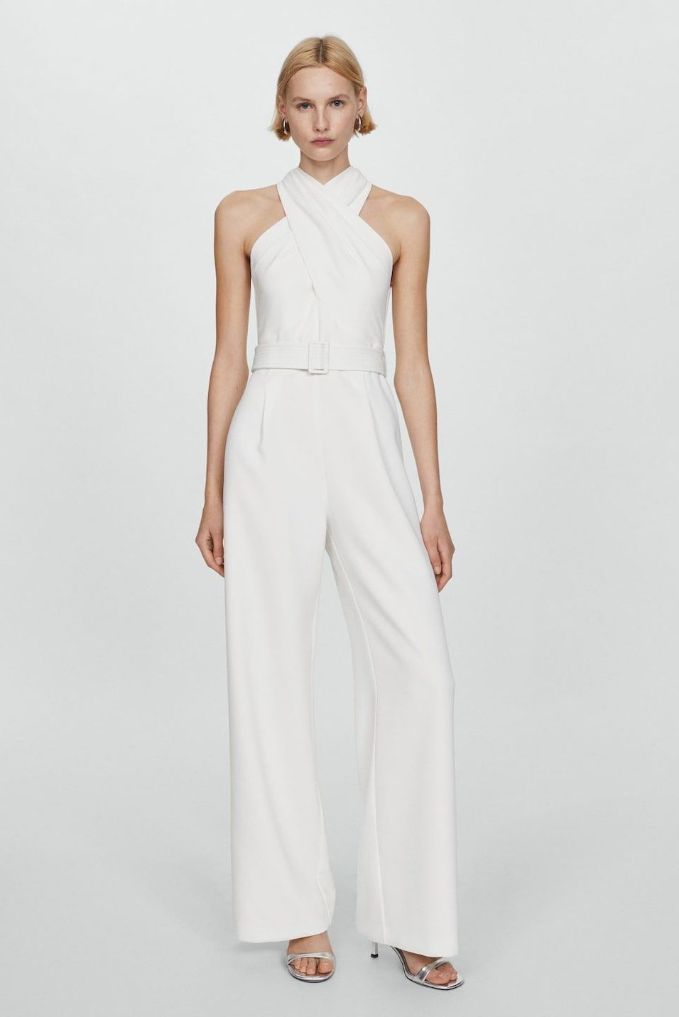 Belted crossover collar jumpsuit