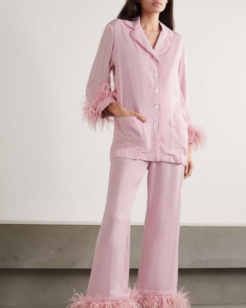 Feather-trimmed crepe de chine pajama set