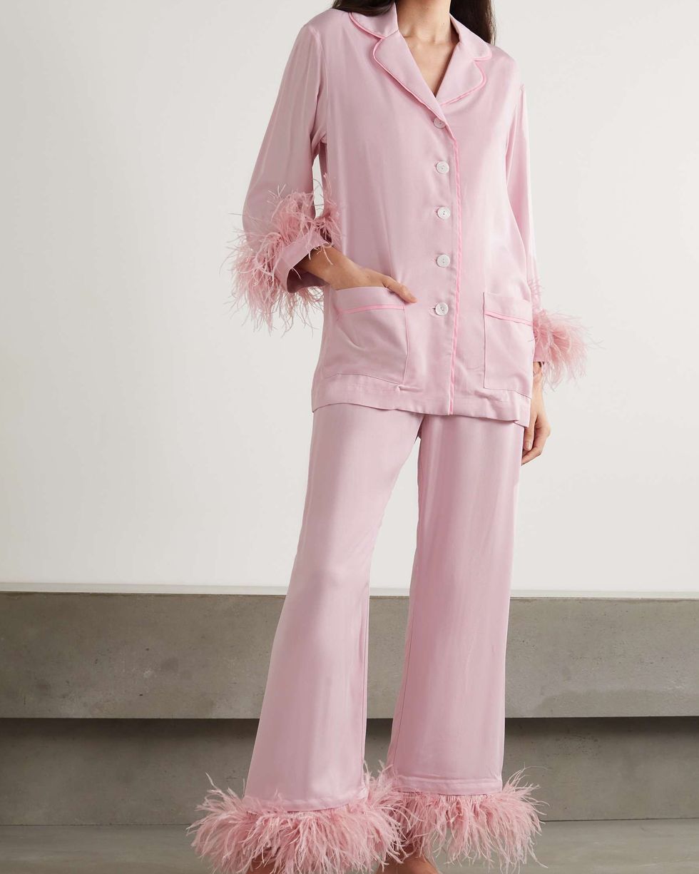 Feather-trimmed crepe de chine pajama set