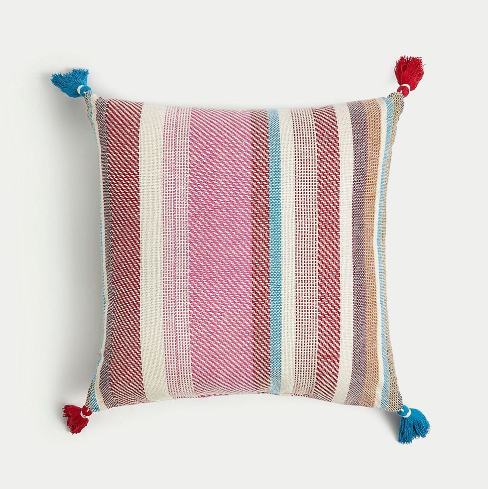 Pure Cotton Striped Tasselled Outdoor Cushion