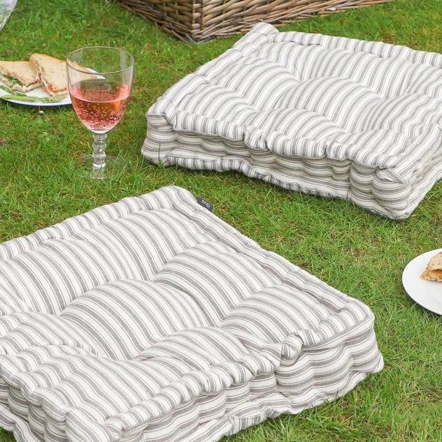 Grey Striped Box Outdoor Seat Pad Cushions (Set of Two)