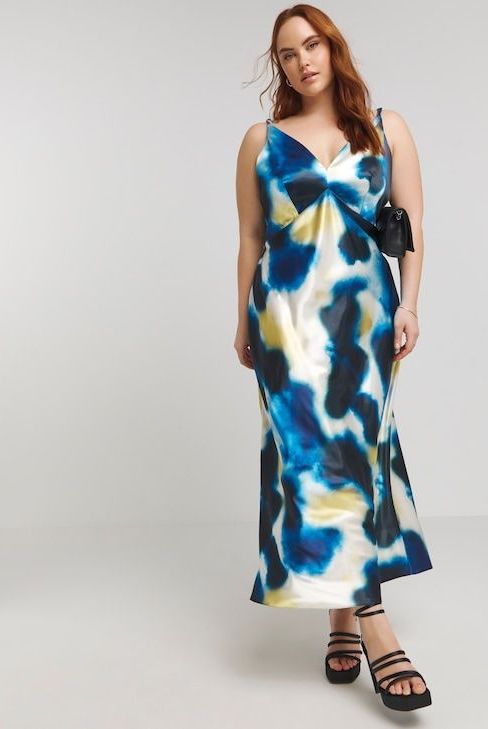Blue blurred print satin cami maxi dress