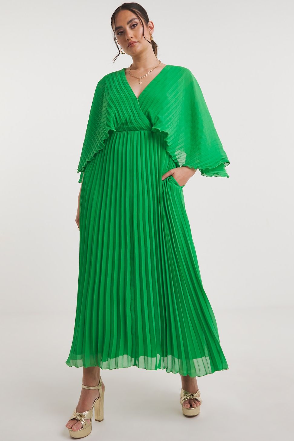 Green pleated maxi dress