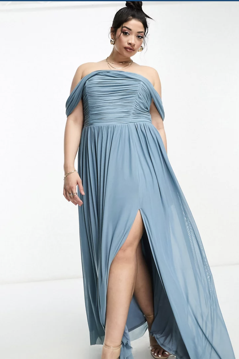 Plus Bridesmaids bardot gathered maxi dress in mesh in blue