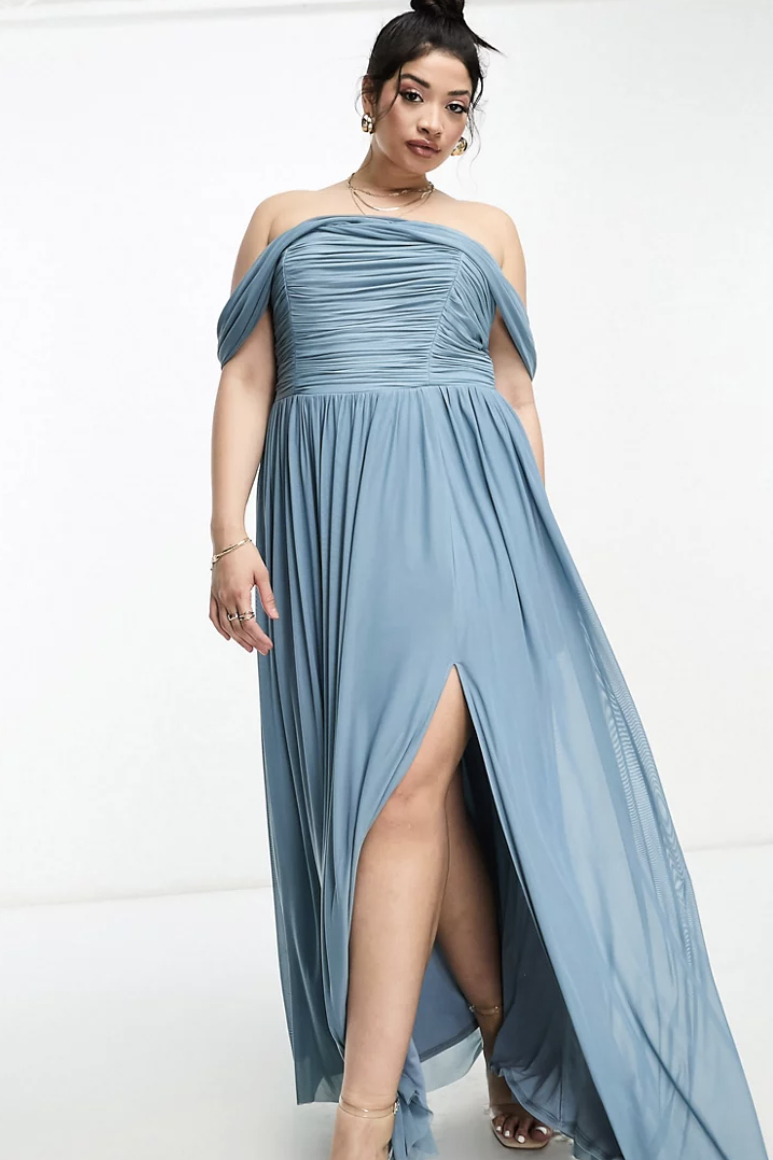 Plus Bridesmaids bardot gathered maxi dress in mesh in blue