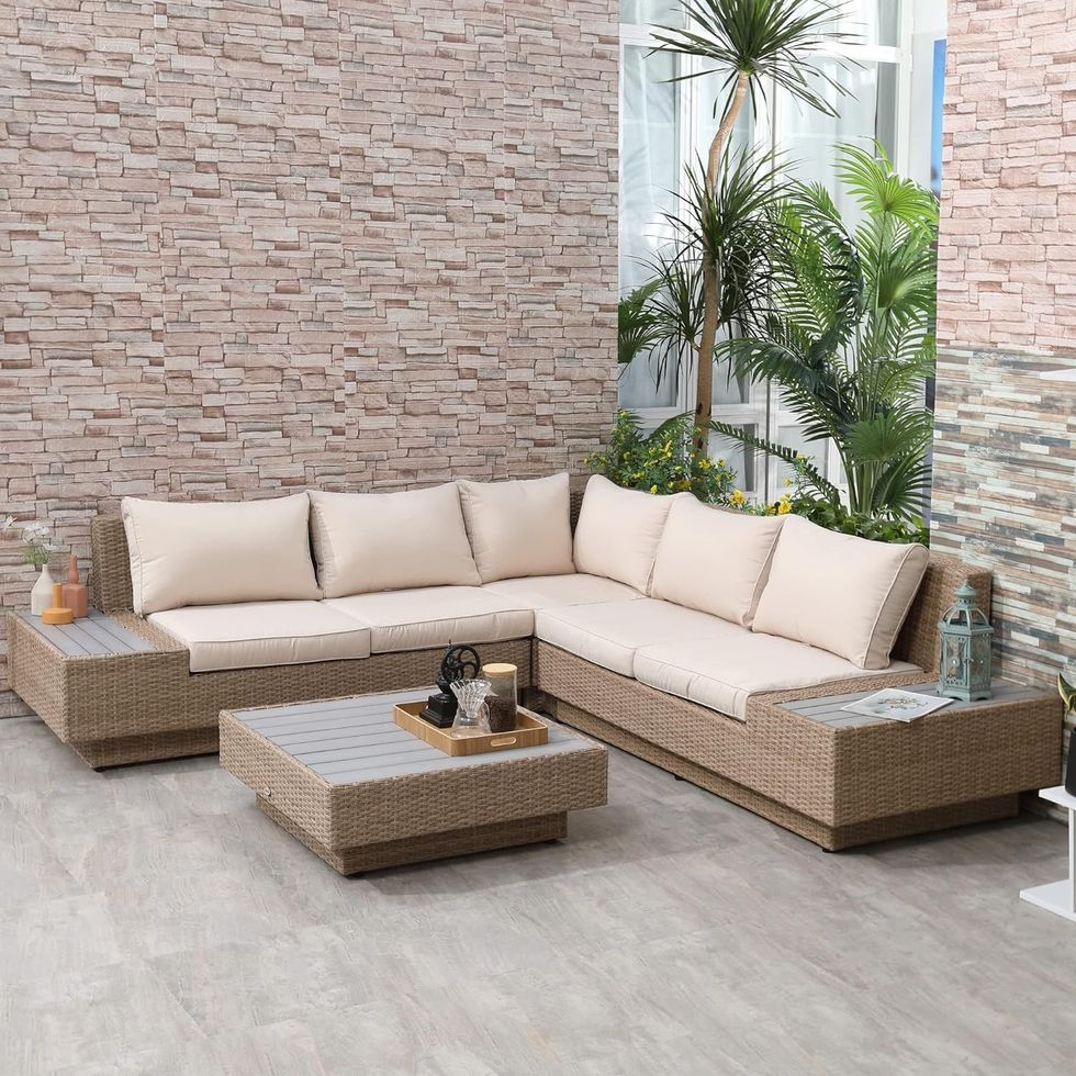 Outsunny Rattan Sectional Corner Sofa and Coffee Table Set
