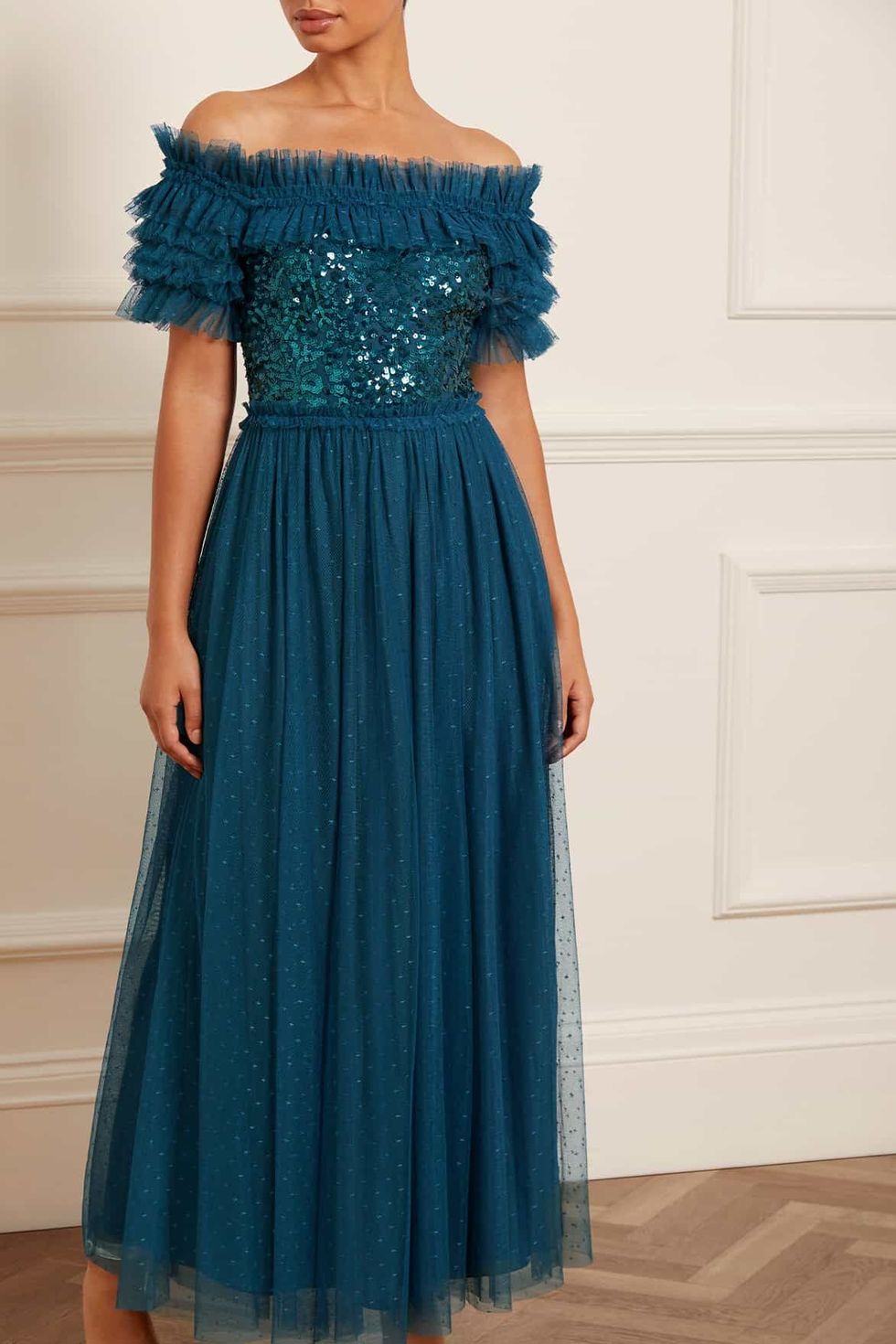 Sequin wreath bodice off-shoulder ankle gown