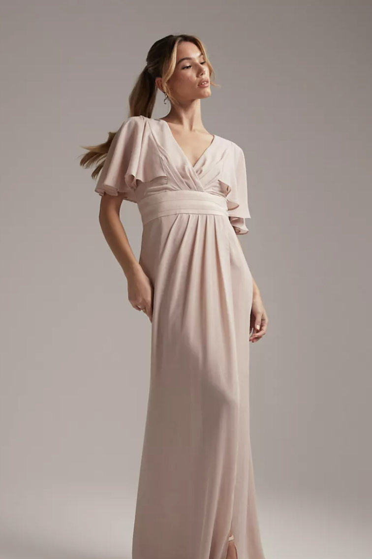 ASOS DESIGN Bridesmaid pearl embellished long sleeve maxi dress with floral  embroidery in rose