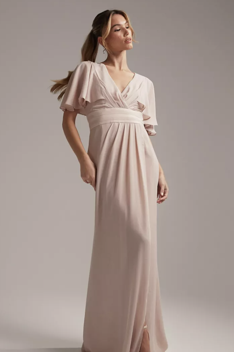 Flutter sleeve maxi dress with satin trim detail and wrap skirt