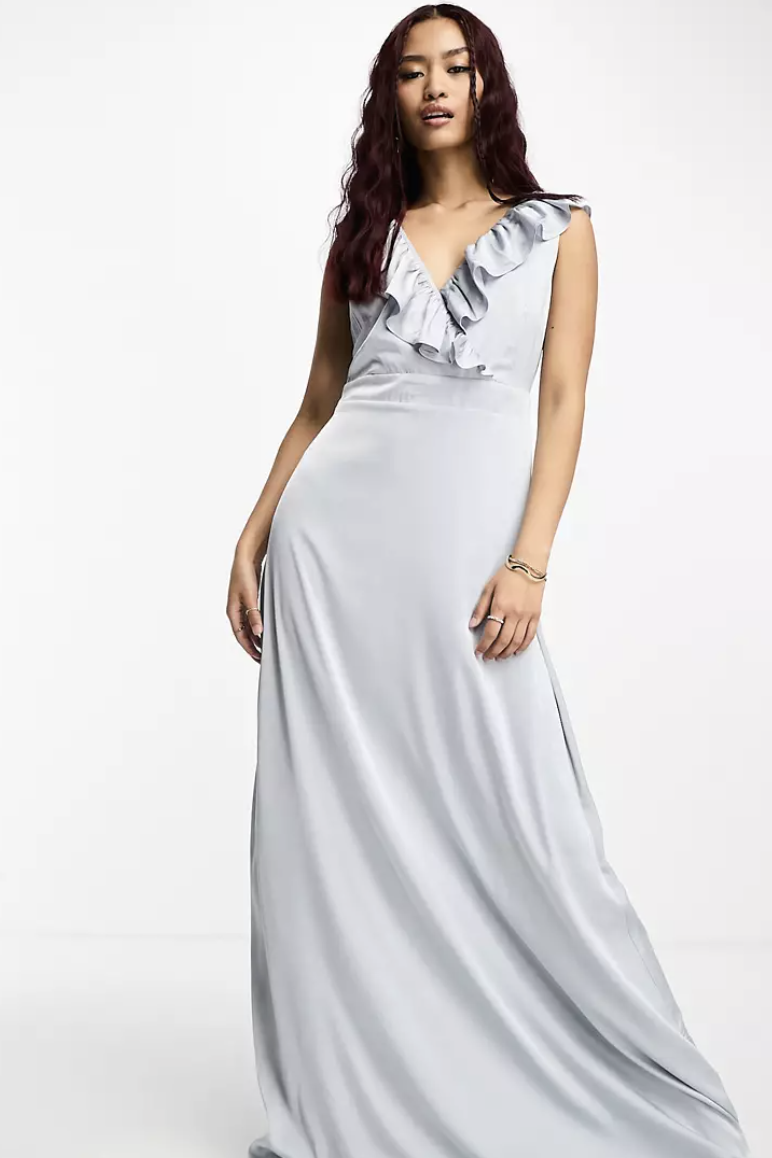 Bridesmaid frill detail maxi dress in grey