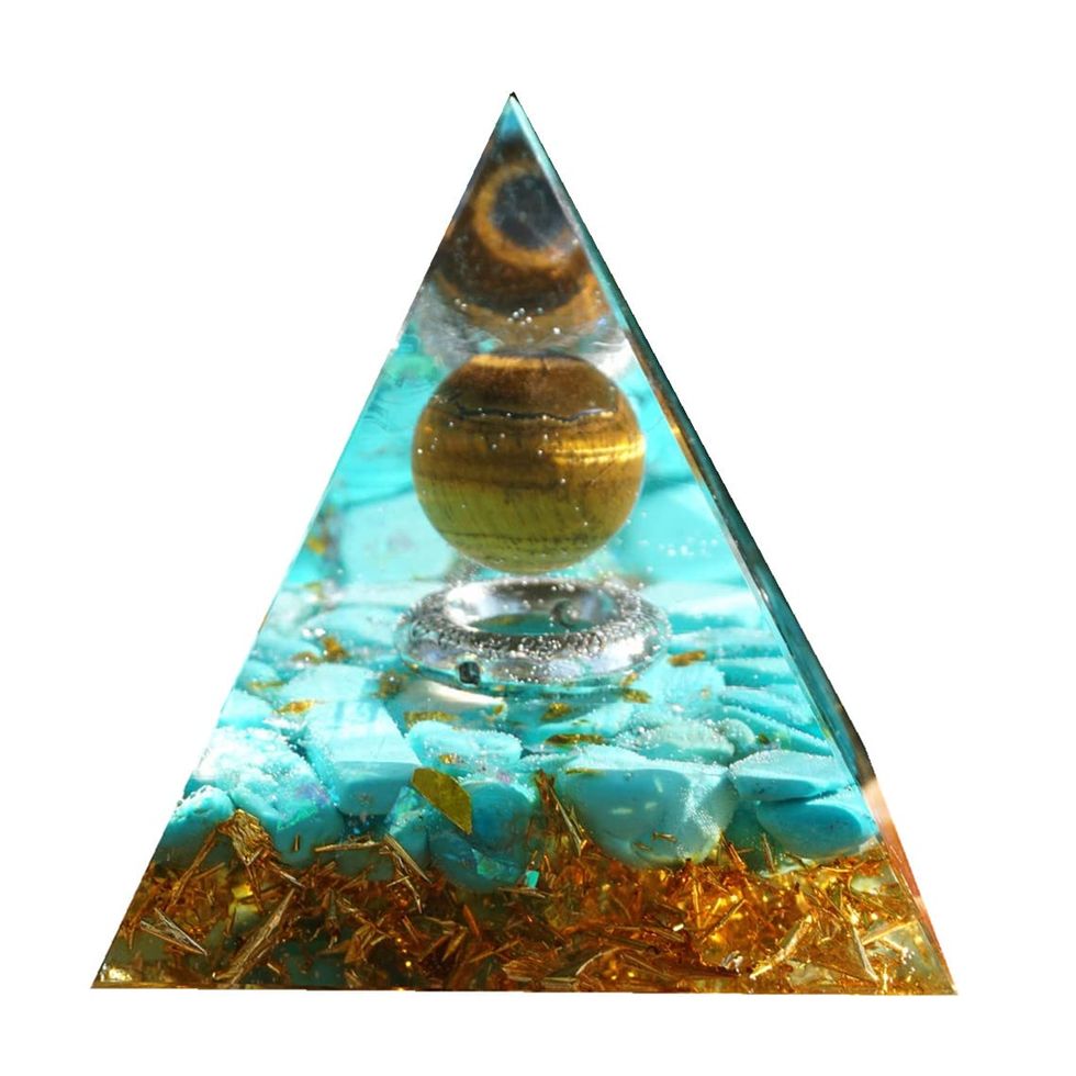 Esfera de cristal de ojo de tigre, pirámide de orgonita con piedra turquesa
