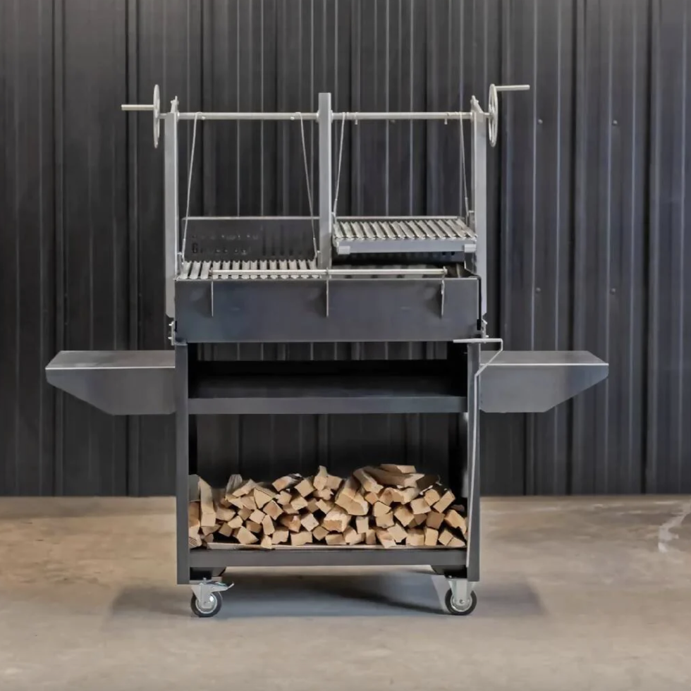 Grande Grill in Gunmetal with Woodstore Stand
