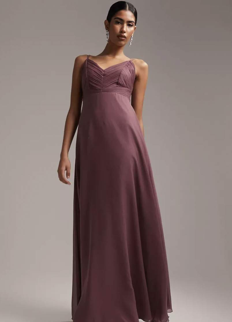 ASOS DESIGN Bridesmaid pleated long sleeve maxi dress with satin wrap waist  in burgundy | ASOS