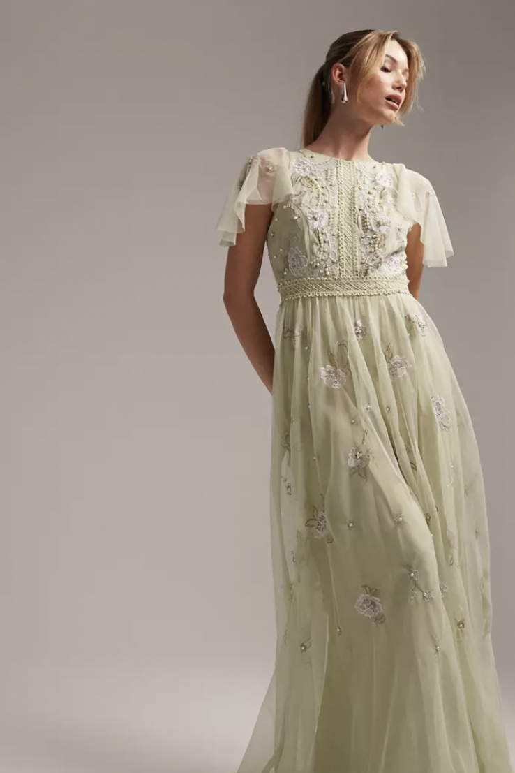 Bridesmaid pearl embellished flutter sleeve maxi dress