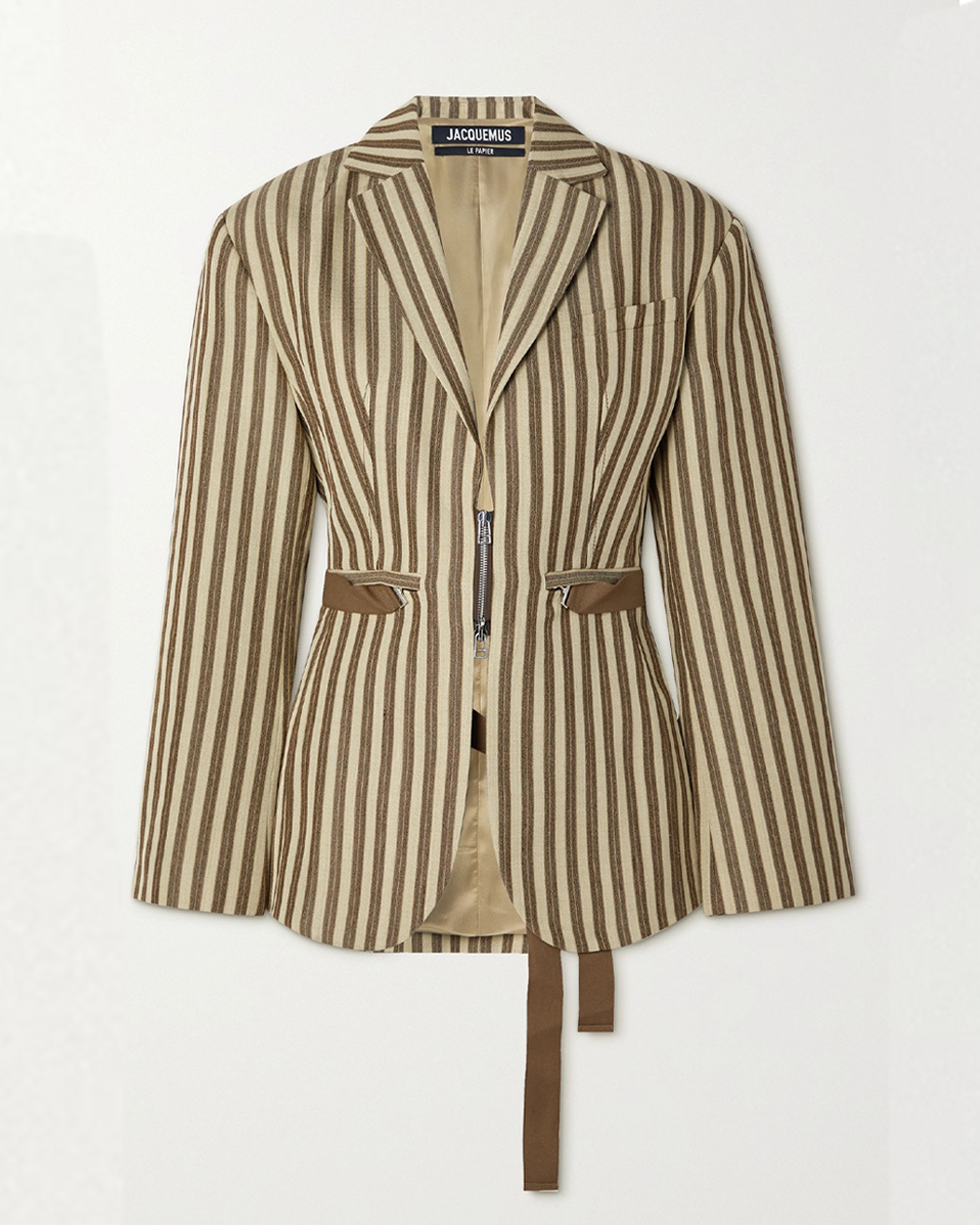 Grosgrain-Trimmed Striped Woven Blazer