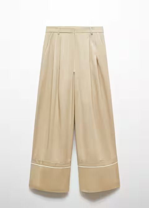 Pantaloni in cotone beige con pinces e maxi risvolto sul fondo