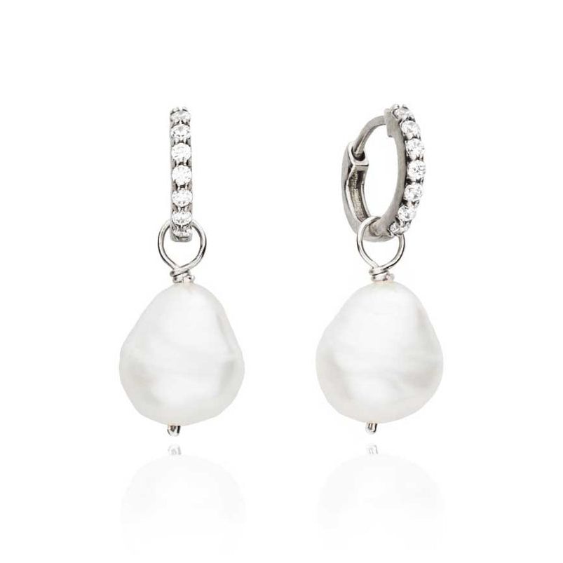 Silver Huggie Pearl Drop Earrings