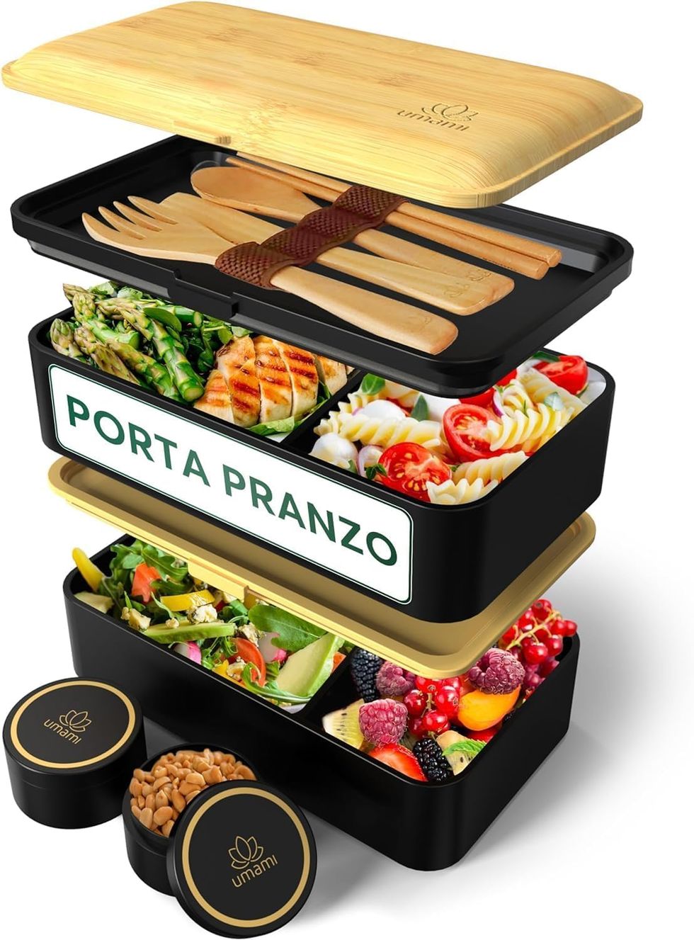 Umami Porta Pranzo 1,2L, Lunch Box Ermetico con 4 scomparti e posate