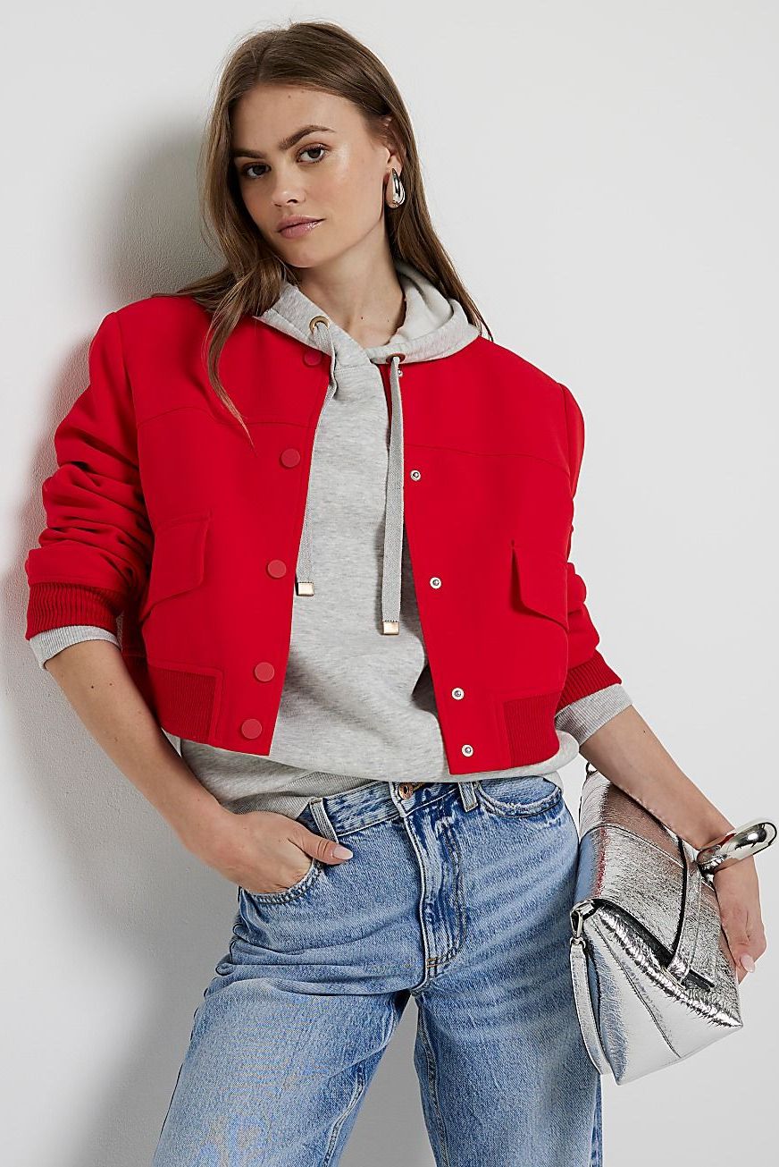 Red Tailored Crop Bomber Jacket