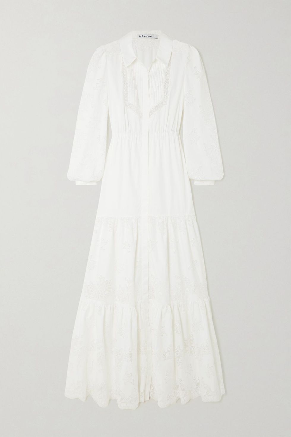 Tiered pintucked lace-trimmed cotton-poplin maxi dress