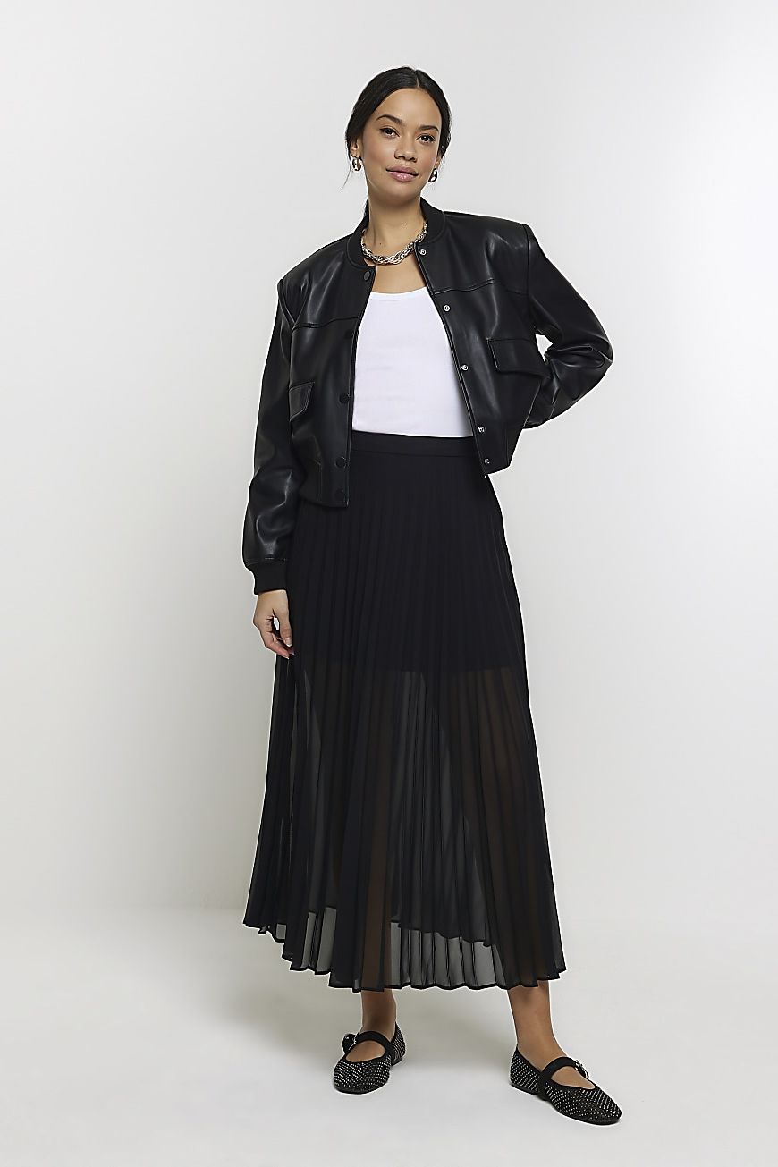 Black pleated sheer midi skirt
