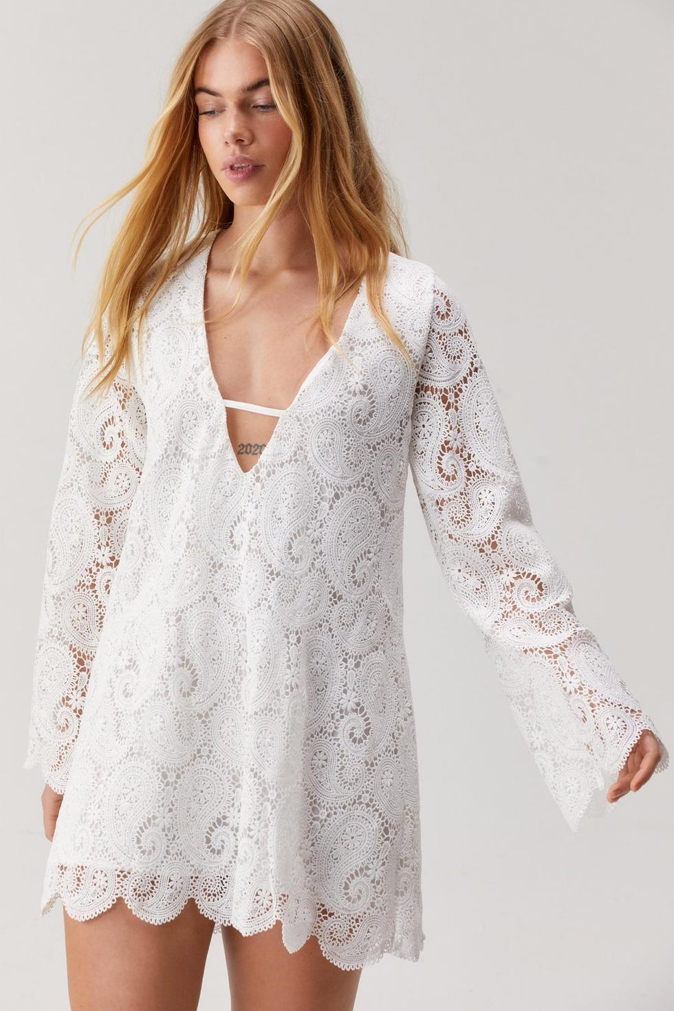 Lace Tunic Long Sleeve Mini Dress