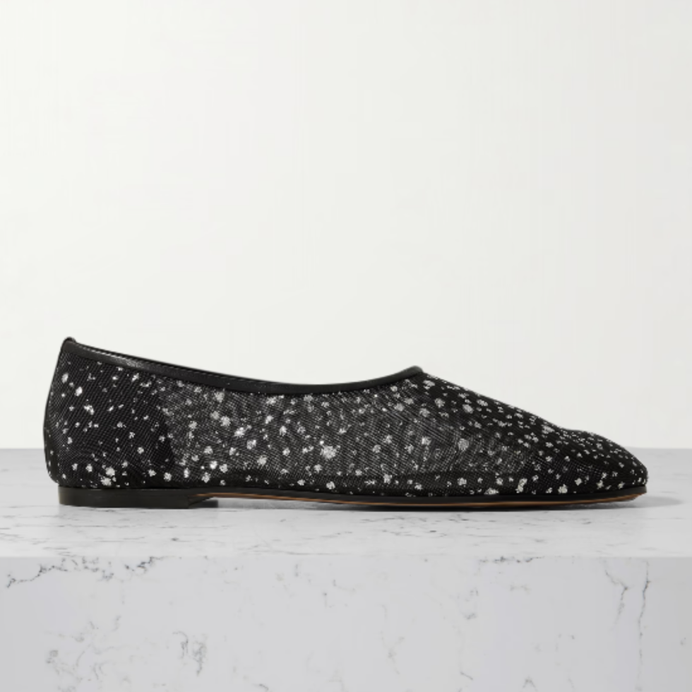 High-Throat Leather-Trimmed Glittered Mesh Ballet Flats