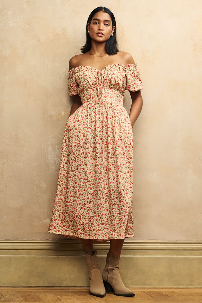 Cream Rose Print Genevieve Bardot Midi Dress