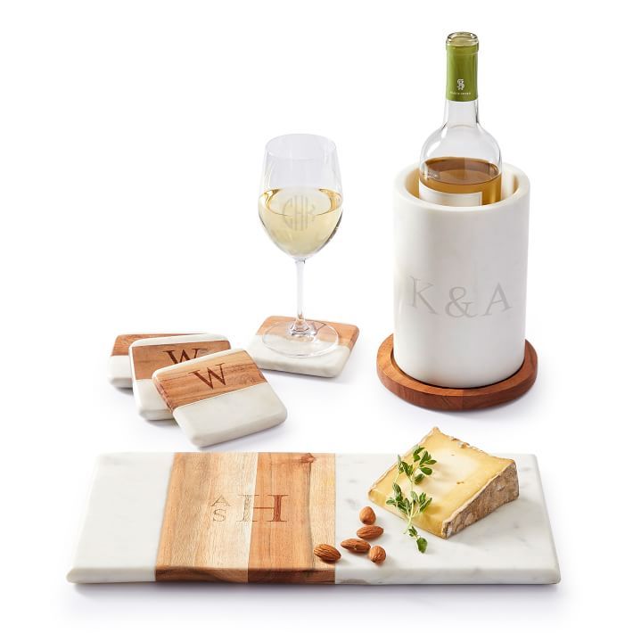 Wood and Marble Wine and Cheese Decanter Set