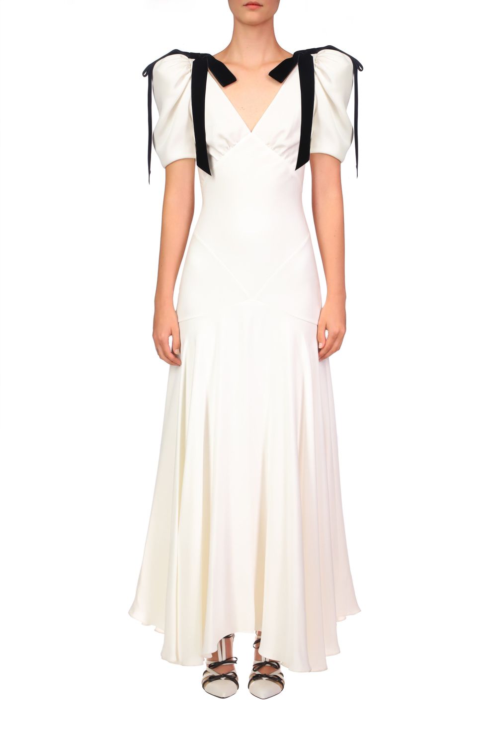 Off-White Silk Crepe Bias Dress With Velvet Ribbon Bow Details