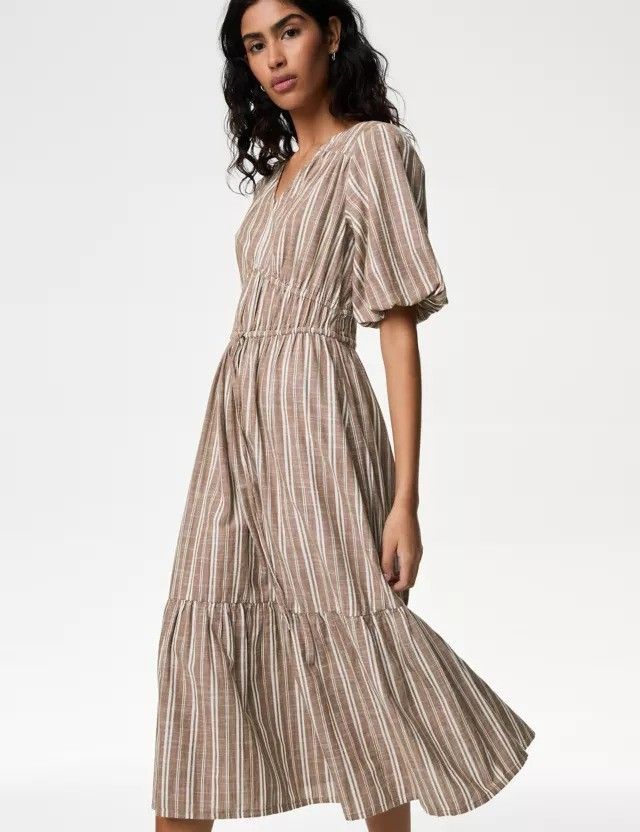 Pure Cotton Printed V-Neck Tiered Dress