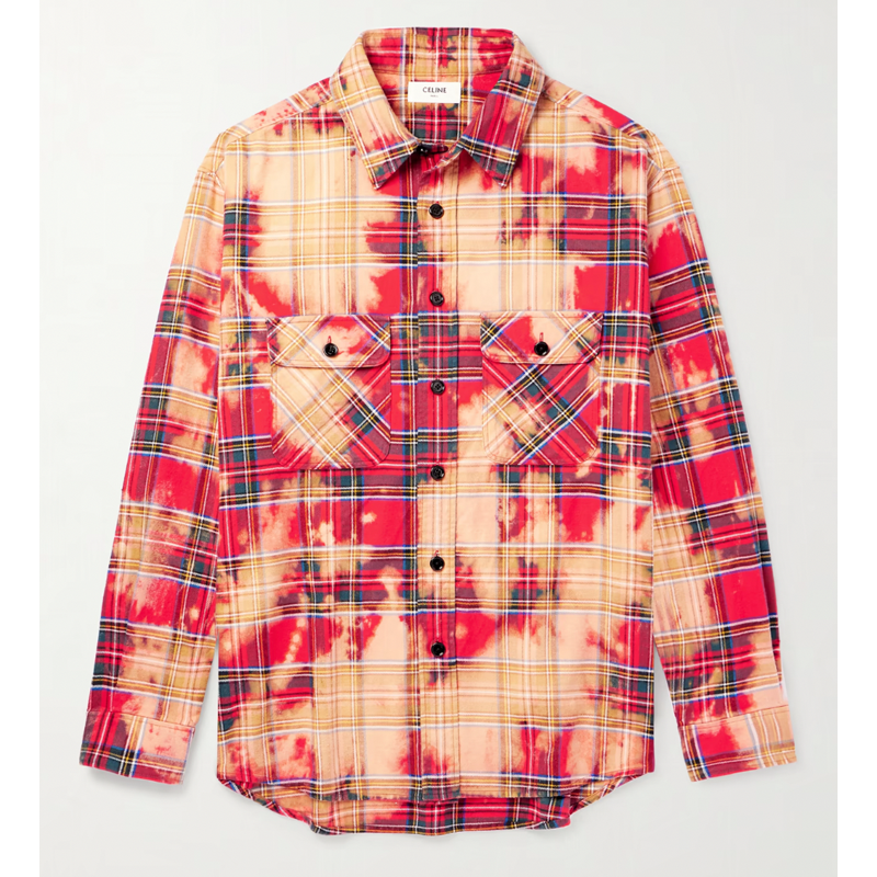 Cutaway-Collar Checked Printed Cotton-Flannel Shirt