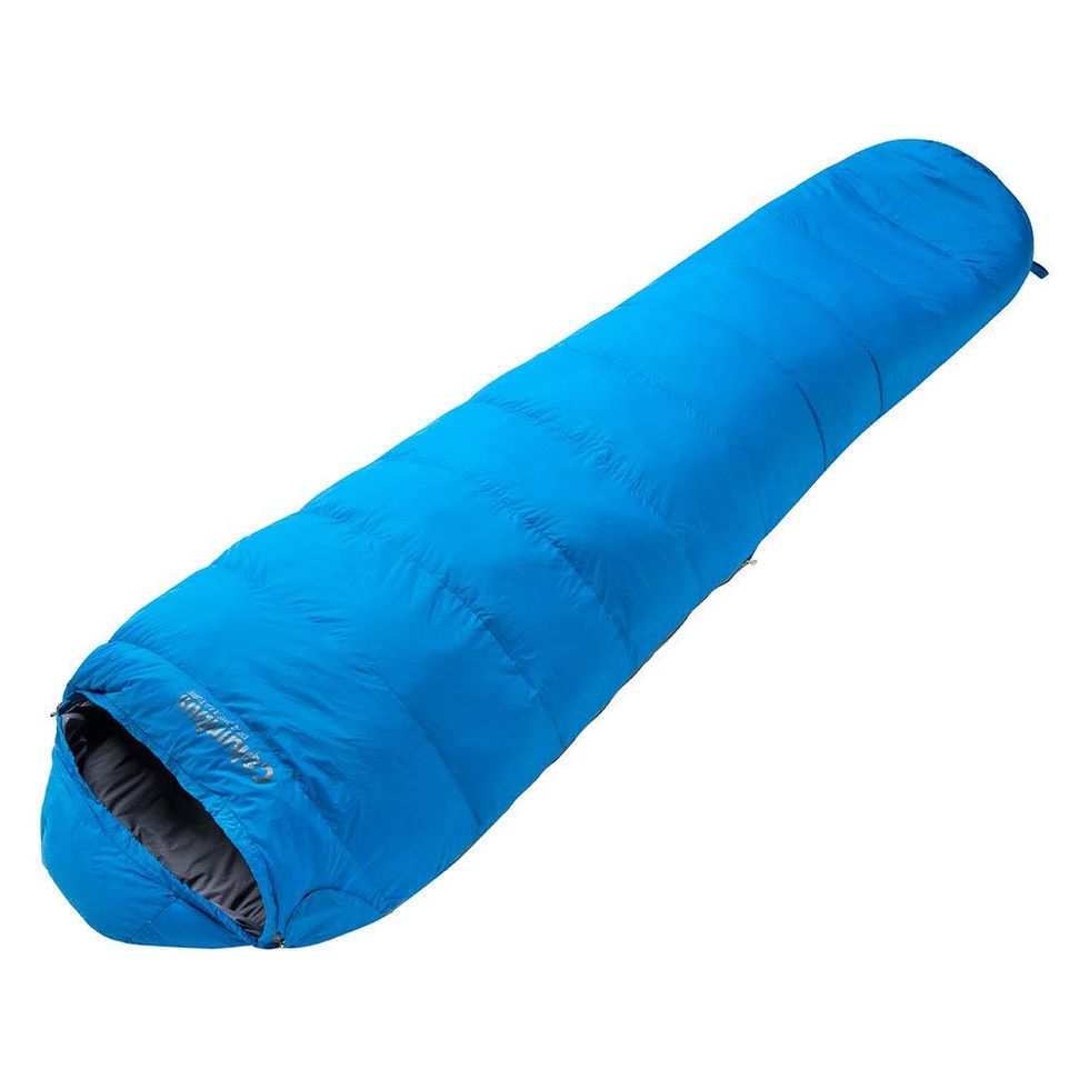 Everest 200 Saco de Dormir de Plumas | Saco Montaña Compacto para 3 Estaciones | Cierre con Velcro Capucha con Cordón | Color Azul y Gris