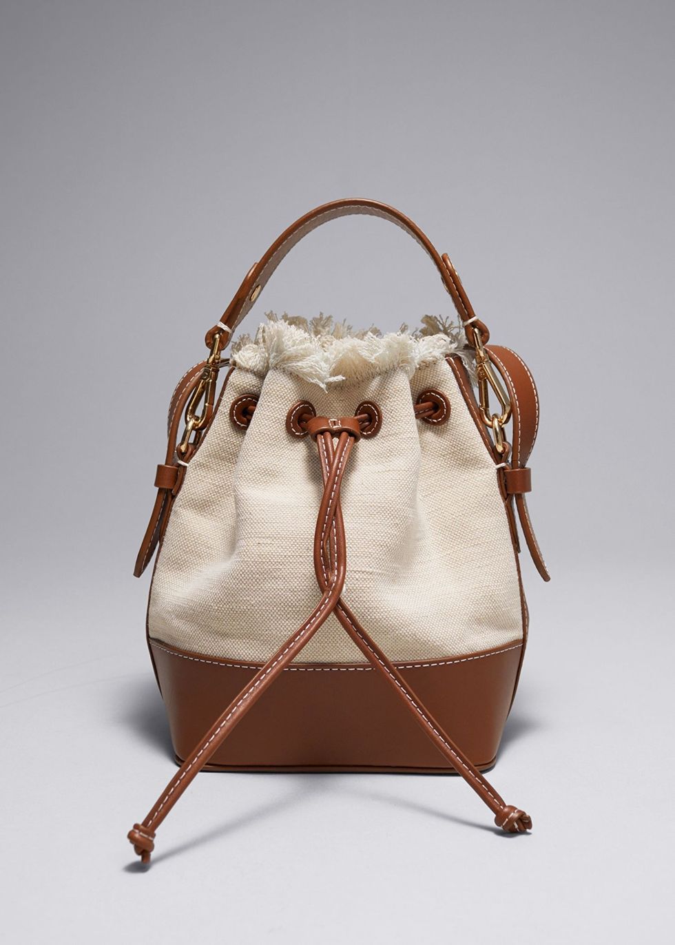 : Leather-Trimmed Canvas Bucket Bag