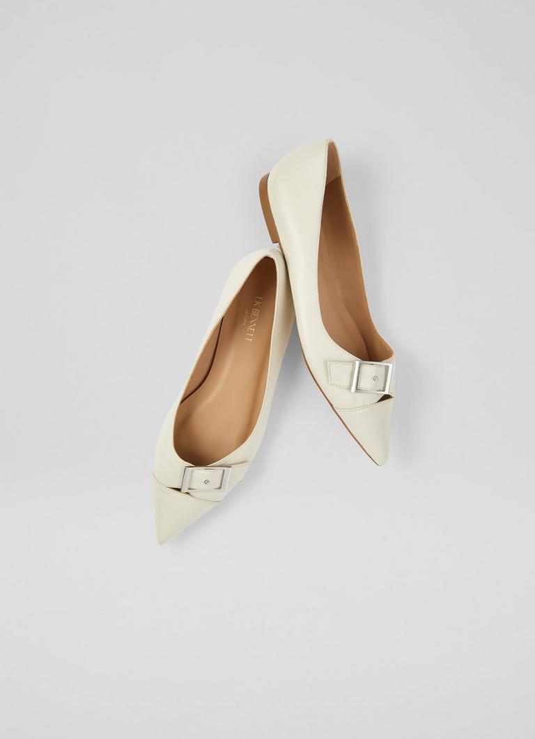 Brynn White Leather Buckle-Detail Flats