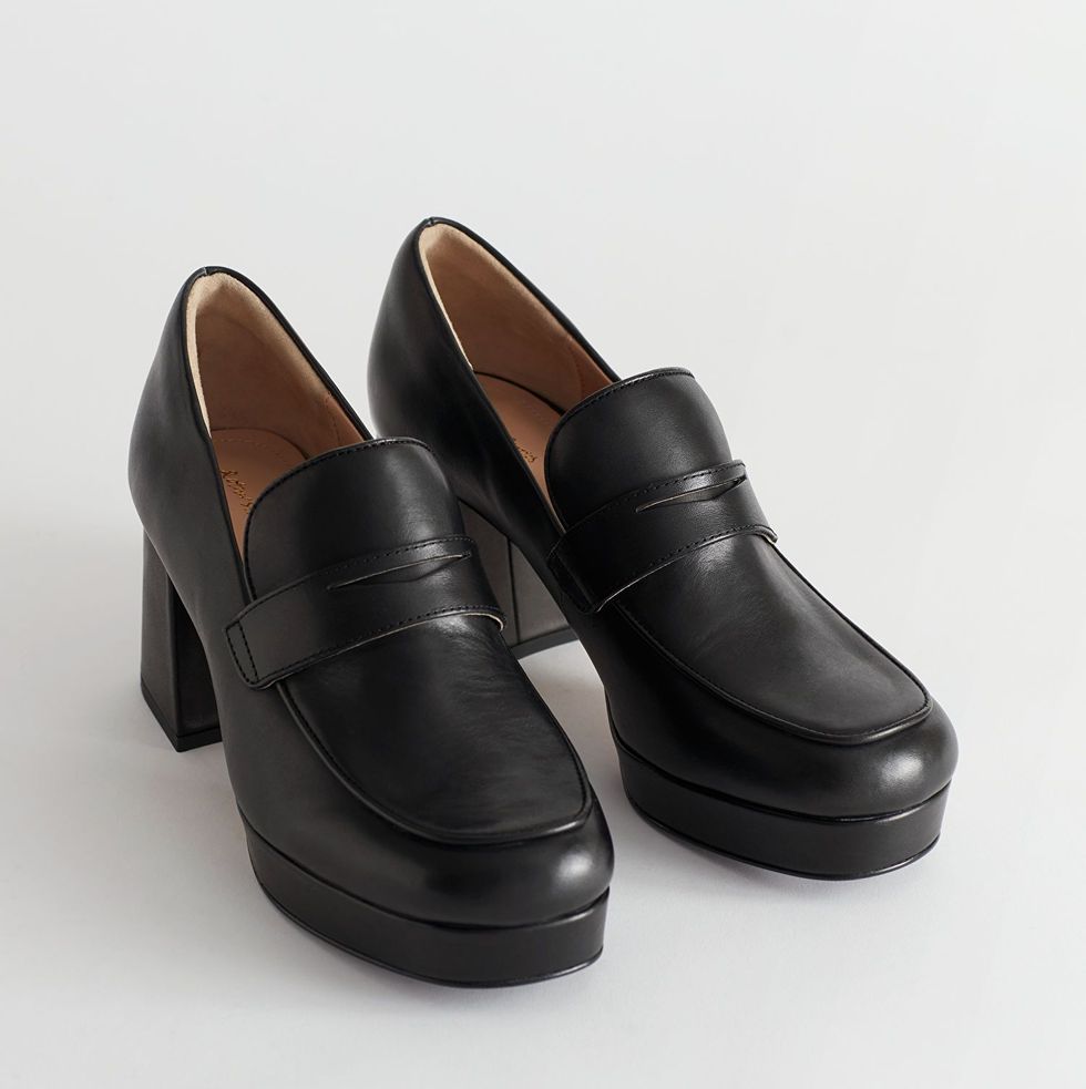 Block Heel Leather Loafers