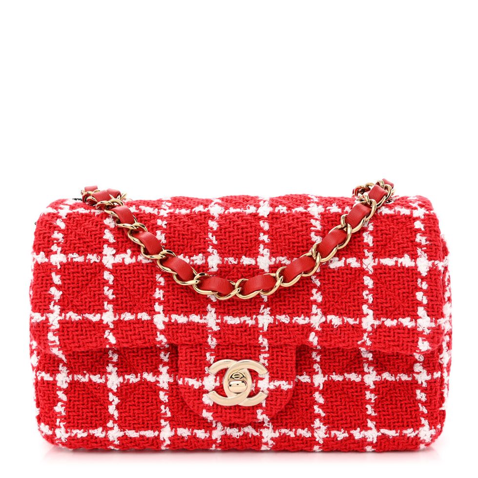 Tweed Quilted Mini Rectangular Flap White Red