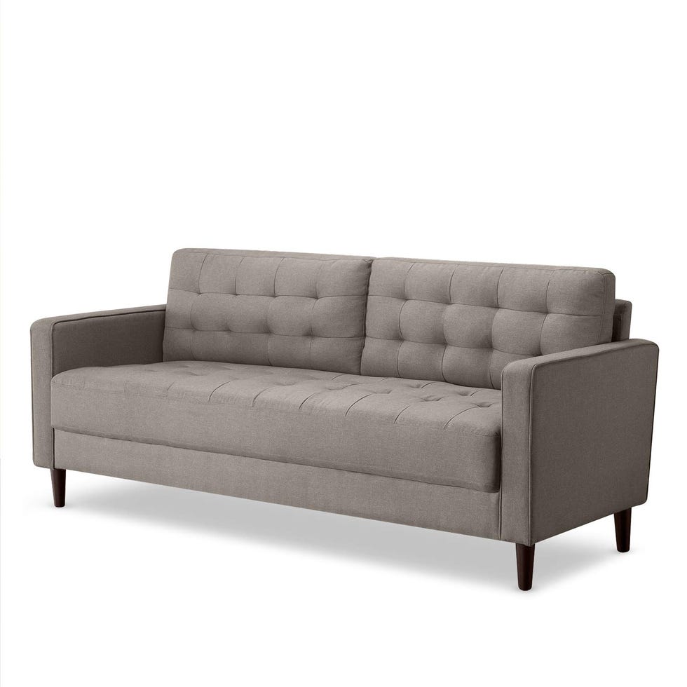 Sofá en caja Benton, estilo mid century en color gris piedra