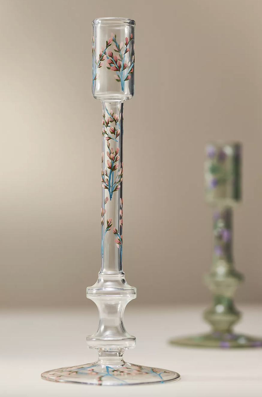 Floral Clear Glass Taper Candle Holder